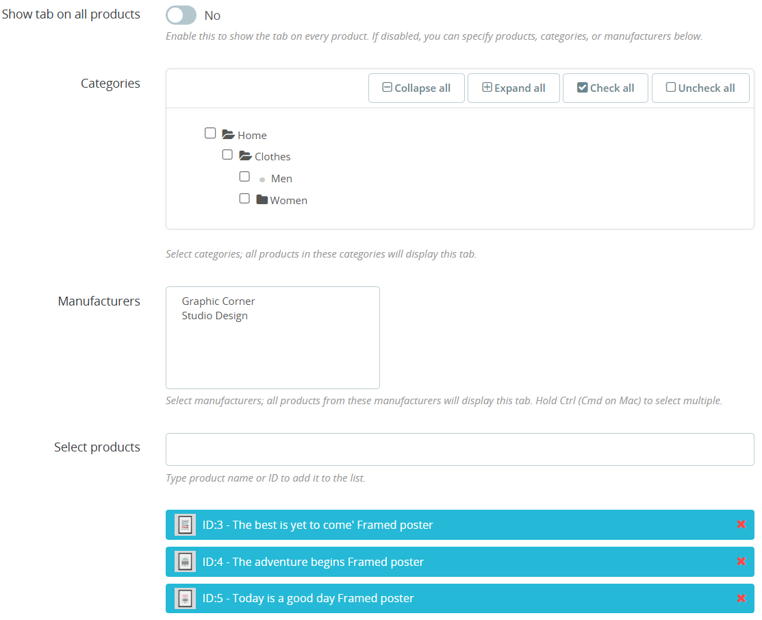 Assign to categories, manufacturers, and products